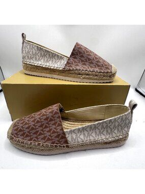 Michael Kors Lenny Espadrille Size 6.5M Slip-On Shoes Brown Beige Logo Canvas Ro